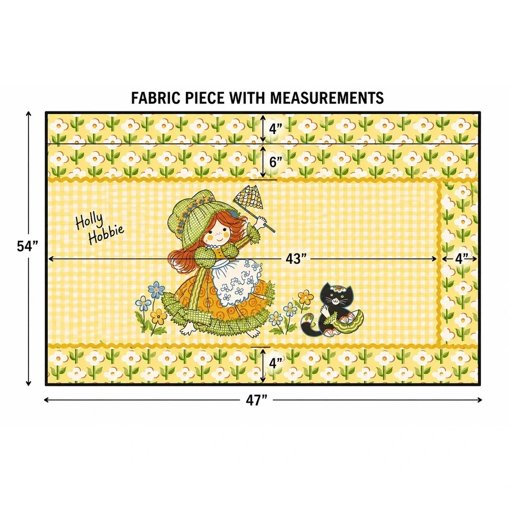 Vintage Sears Perma-Prest Holly Hobbie Style Yellow Floral Valance & Panels Set